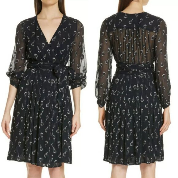 Ba&sh Memory Noir Lady Midi Dress Silk Blend Wrap Chiffon Party Romantic XS $395 - Picture 3 of 16